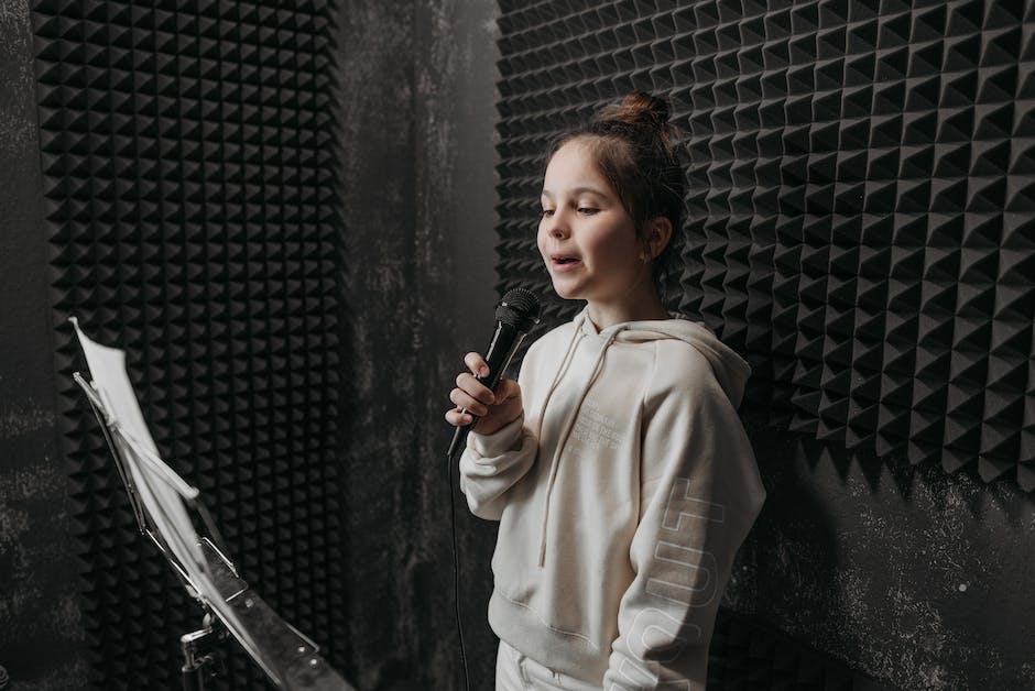 Image depicting a microphone in a soundproof room with acoustic treatment panels.